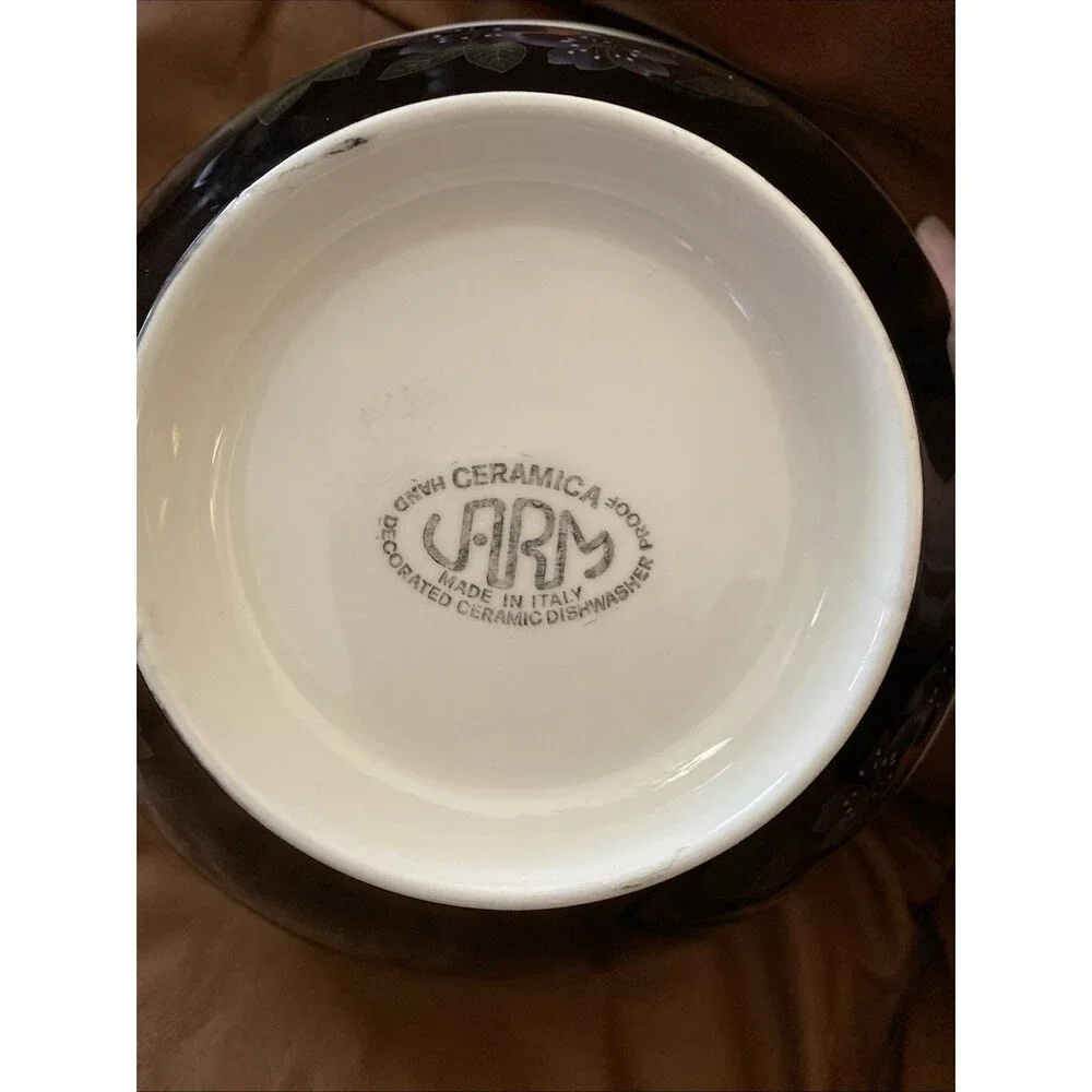 Vintage Italian CARM HandPainted Large 10.75” Serving bowl Black w/peach Green